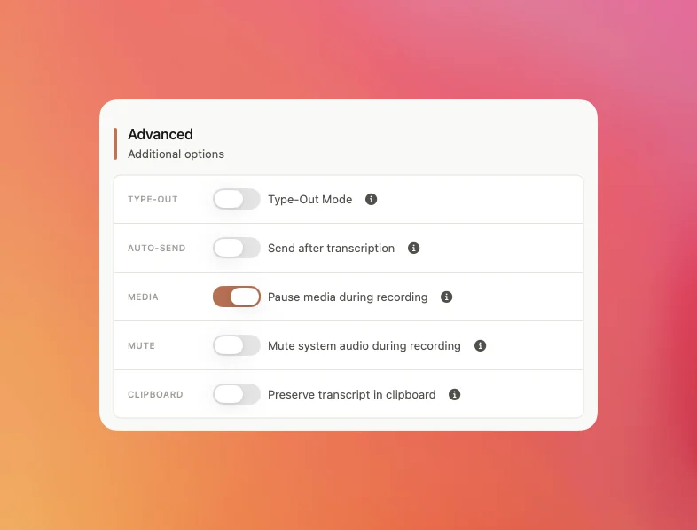 Advanced settings with Type-Out Mode and Auto-Send controls
